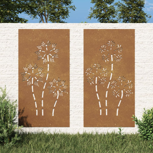 Garden Wall Decorations 2Pcs 105X55Cm Corten Steel Flower Design