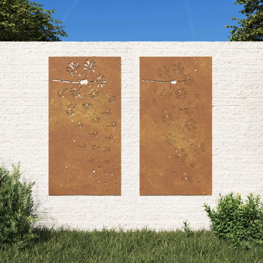 Garden Wall Decorations 2Pcs 105X55Cm Corten Steel Flower Design