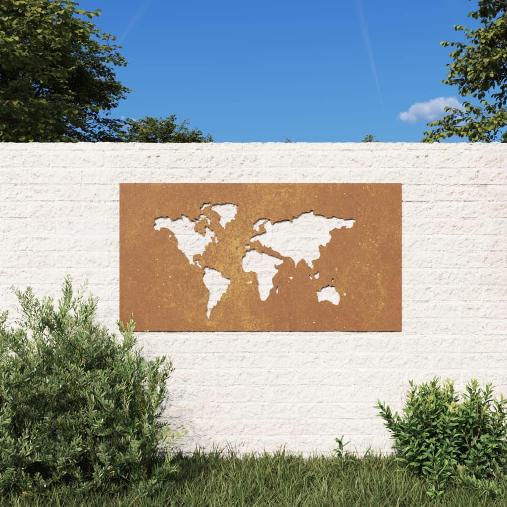 Garden Wall Decoration 105X55 Cm Corten Steel World Map Design