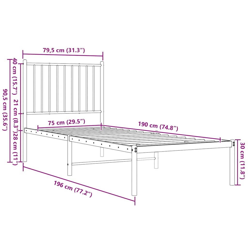 Metal Bed Frame without Mattress with Headboard Black 75x190cm