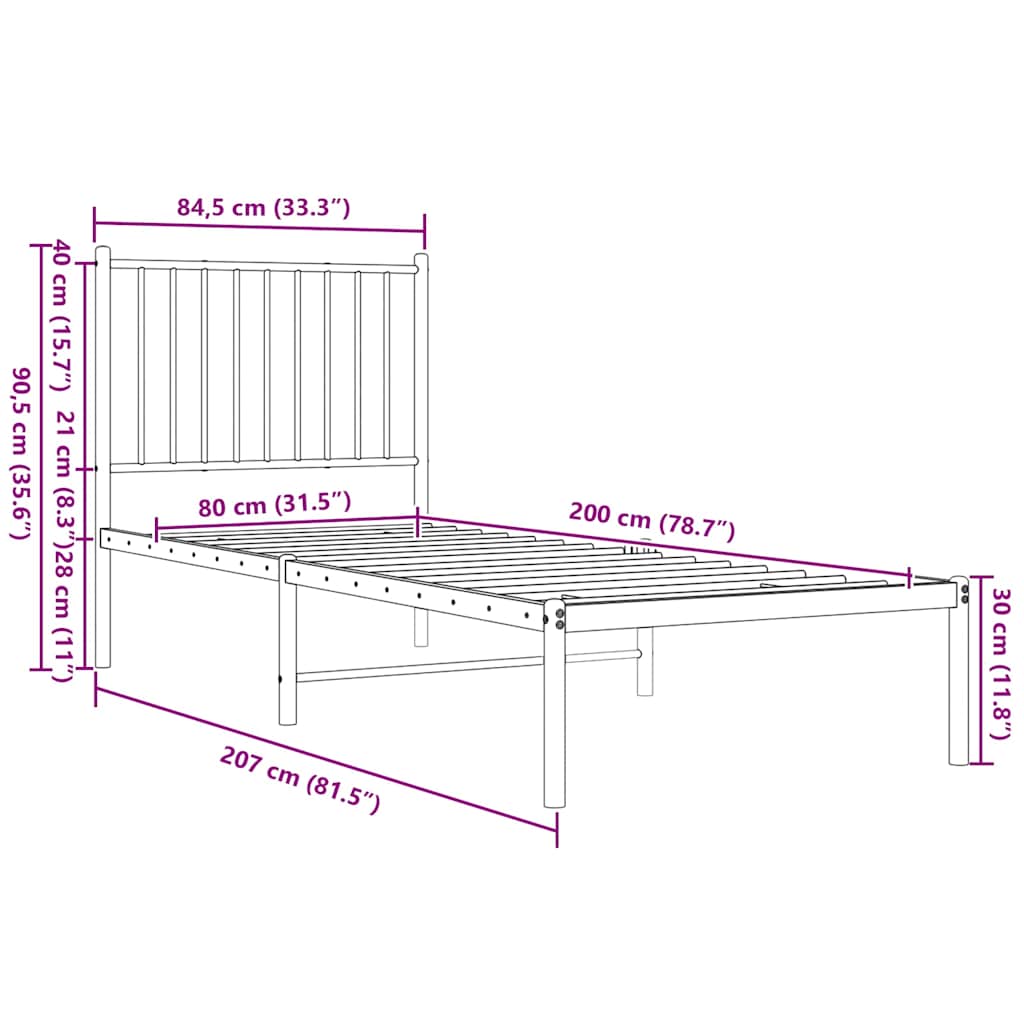 Metal Bed Frame without Mattress with Headboard Black 80x200cm