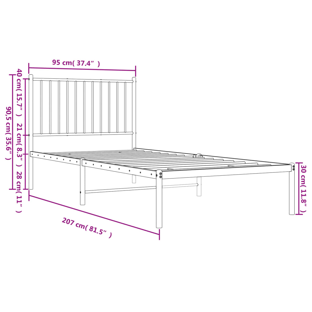Metal Bed Frame without Mattress with Headboard Black 90x200cm