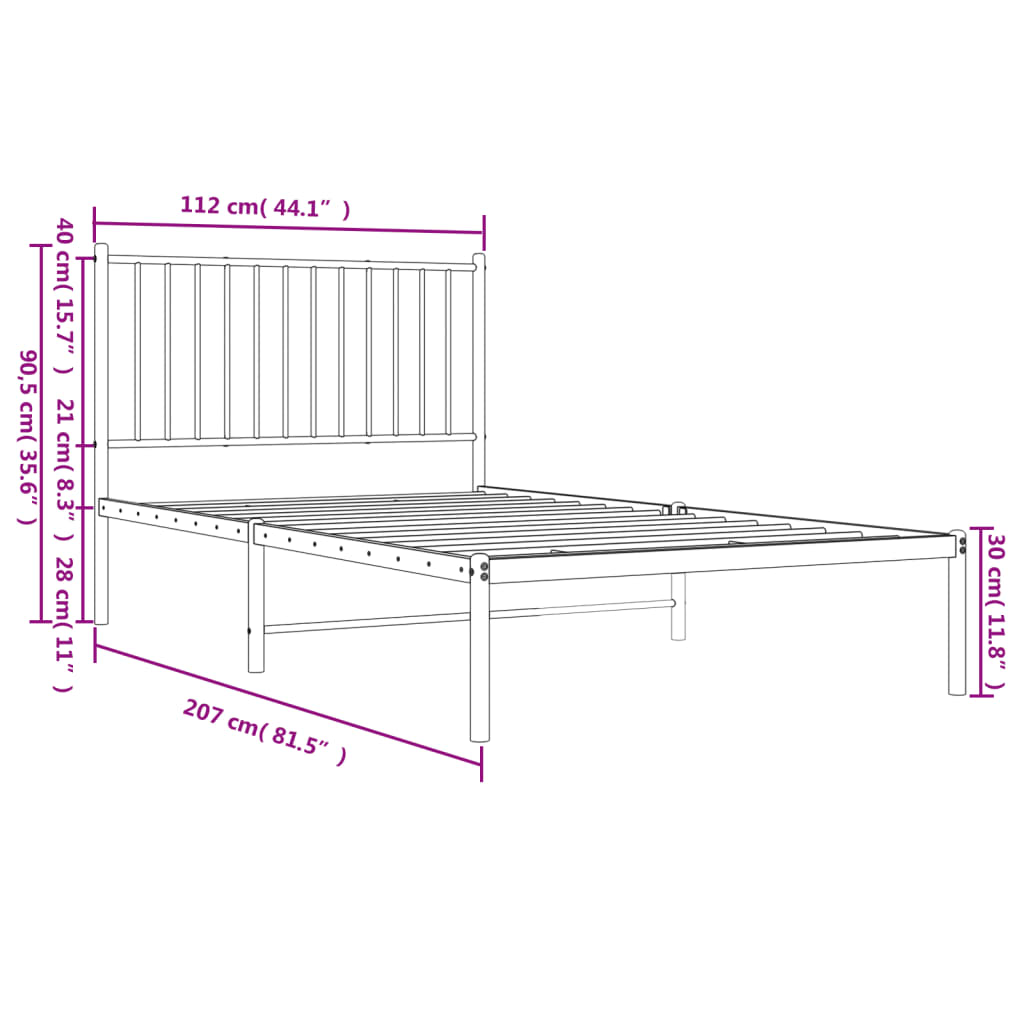 Metal Bed Frame without Mattress with Headboard Black 107x203cm