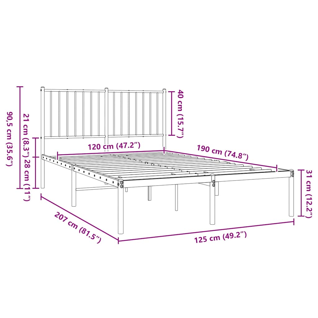 Metal Bed Frame without Mattress with Headboard Black 120x190cm