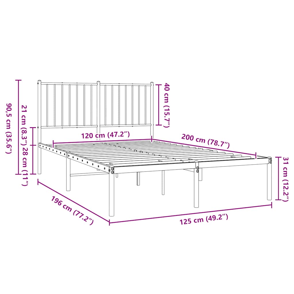 Metal Bed Frame without Mattress with Headboard Black 120x200cm