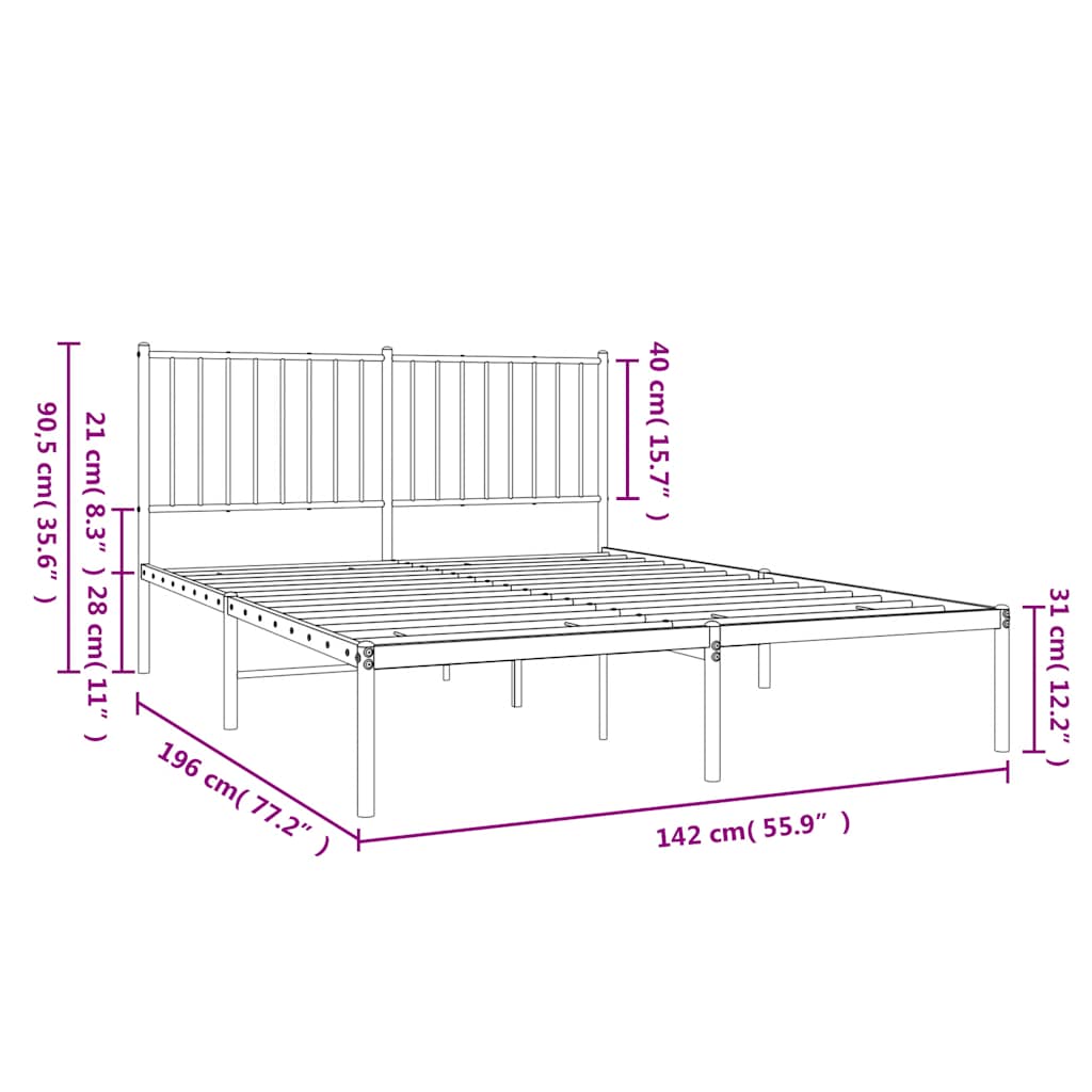 Metal Bed Frame without Mattress with Headboard Black 135x190cm