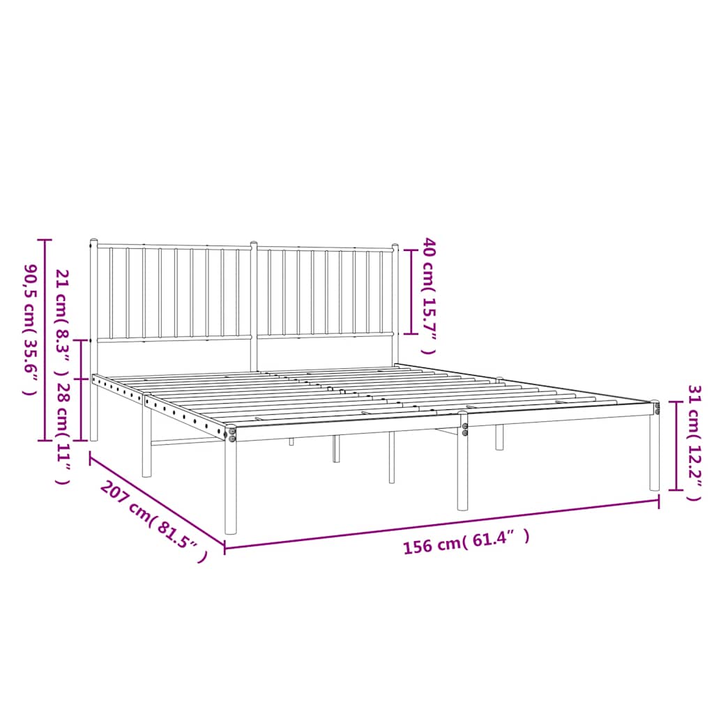 Metal Bed Frame without Mattress with Headboard Black 150x200cm
