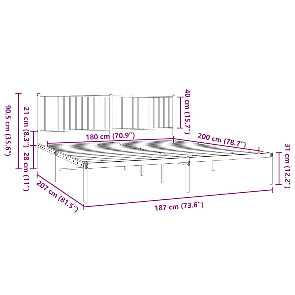 Metal Bed Frame without Mattress with Headboard Black 180x200cm