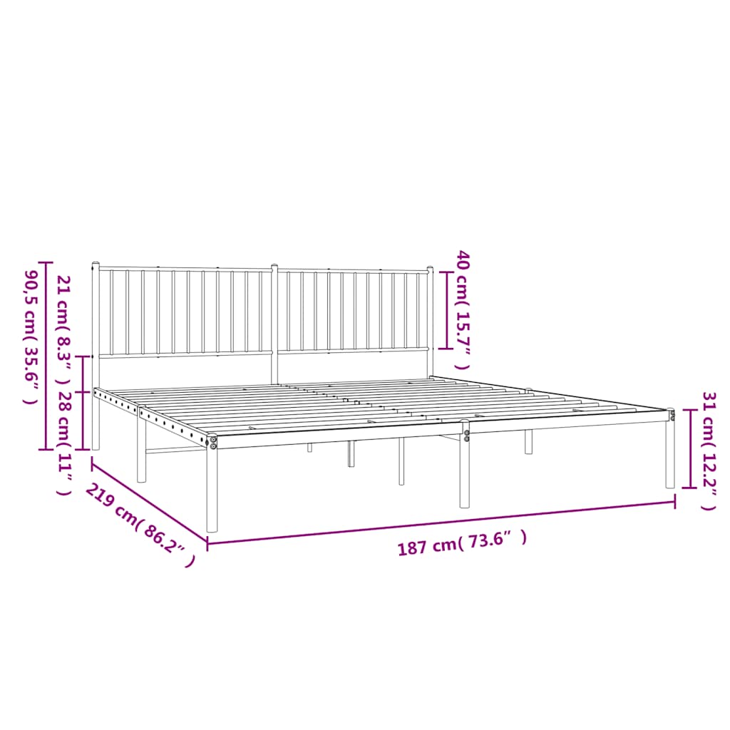 Metal Bed Frame without Mattress with Headboard Black 183x213cm