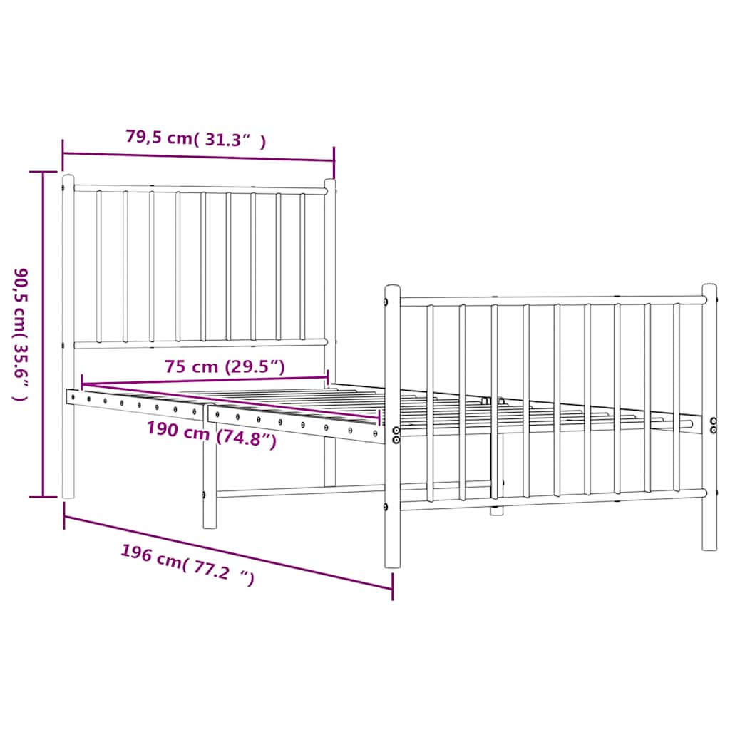 Metal Bed Frame without Mattress with Footboard Black 75x190cm