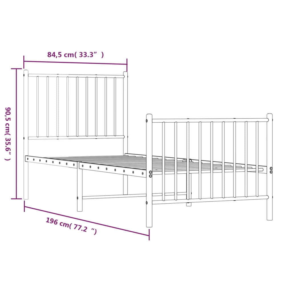 Metal Bed Frame without Mattress with Footboard Black 80x200cm