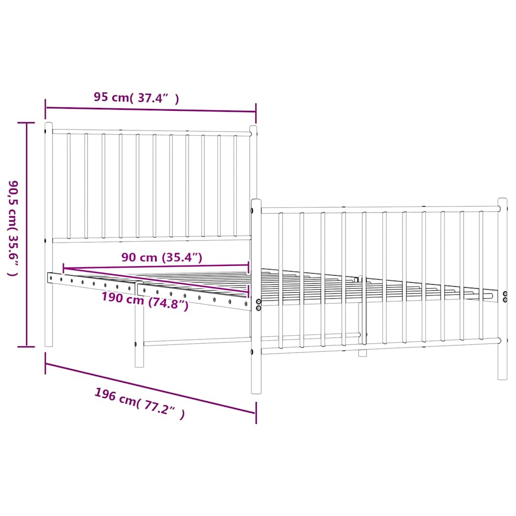 Metal Bed Frame without Mattress with Footboard Black 90x190cm