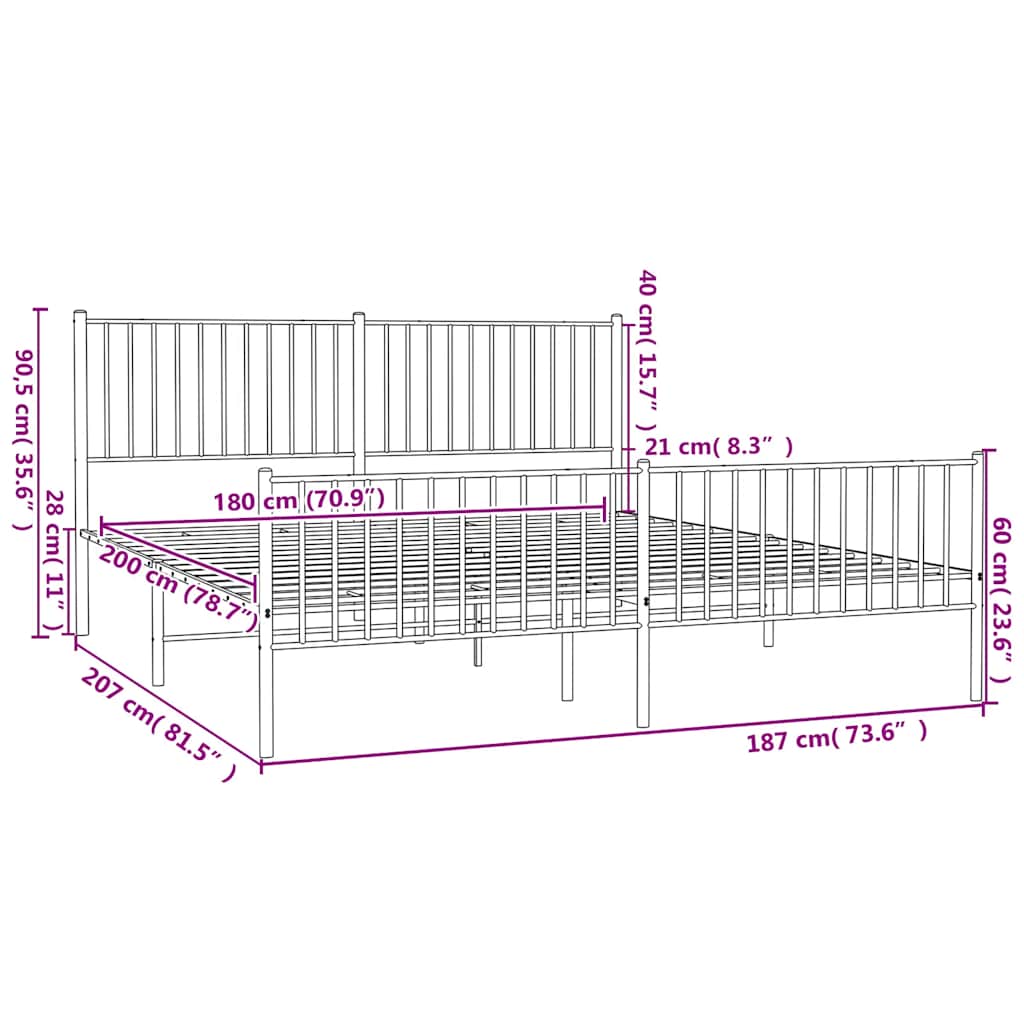 Metal Bed Frame without Mattress with Footboard Black 180x200cm