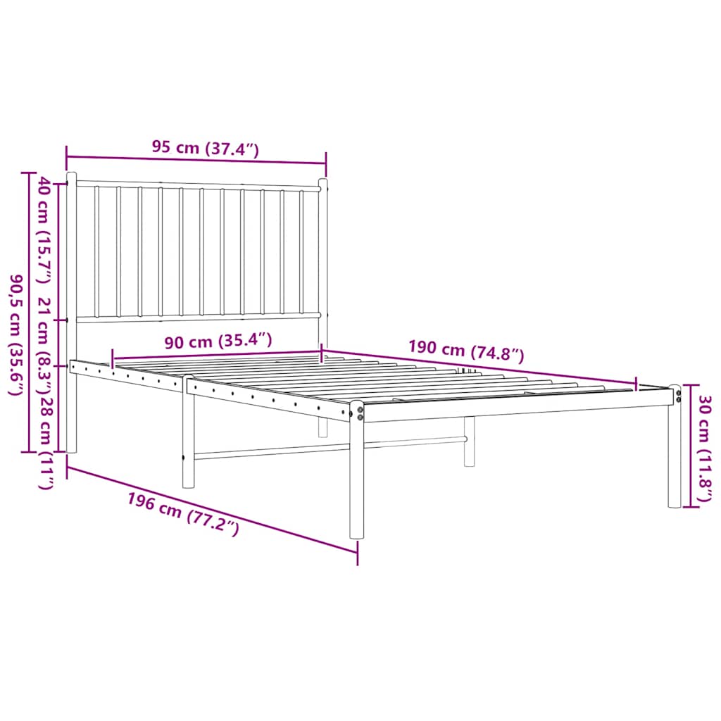 Metal Bed Frame without Mattress with Headboard White 90x190cm