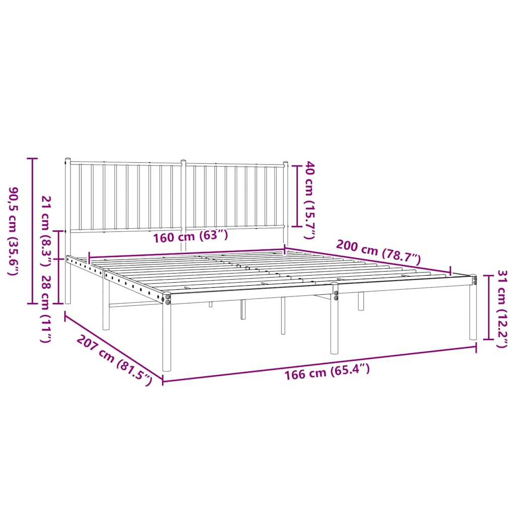 Metal Bed Frame without Mattress with Headboard White 160x200cm
