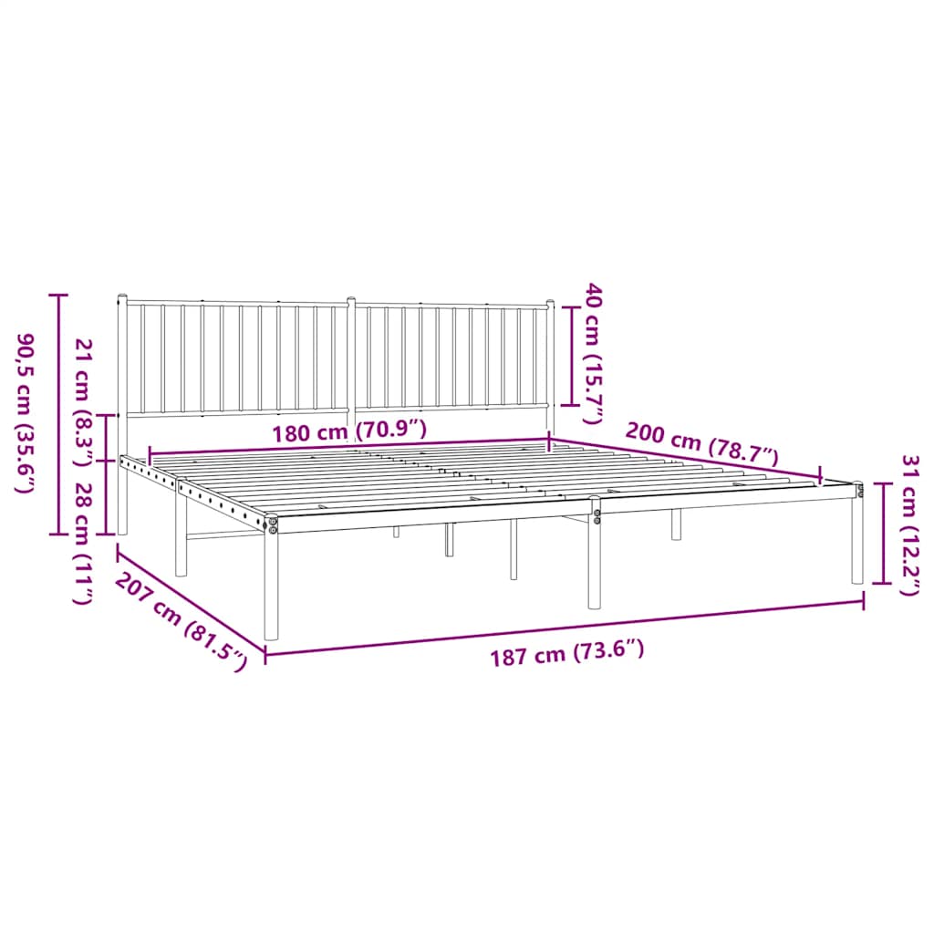 Metal Bed Frame without Mattress with Headboard White 180x200cm