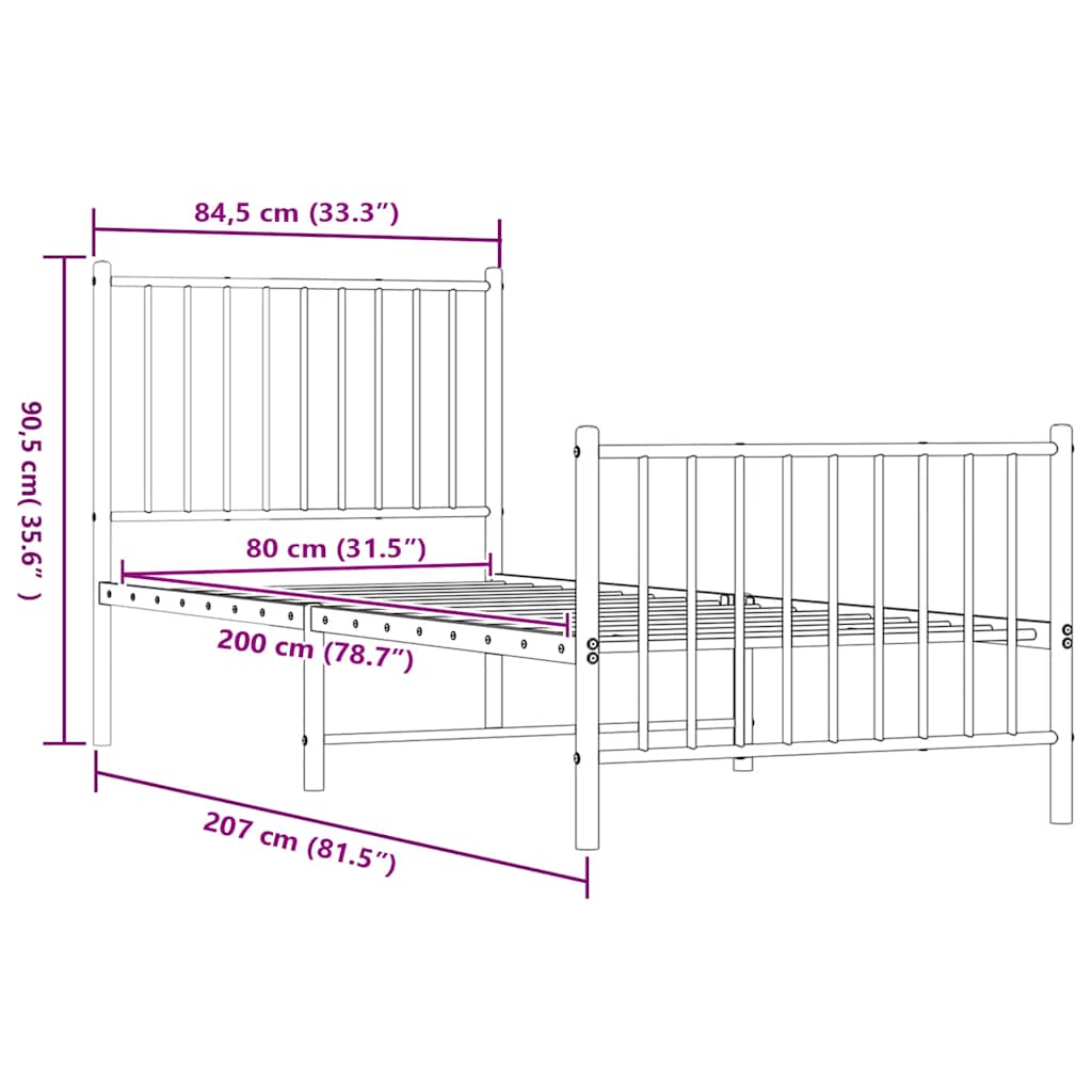 Metal Bed Frame without Mattress with Footboard White 80x200cm