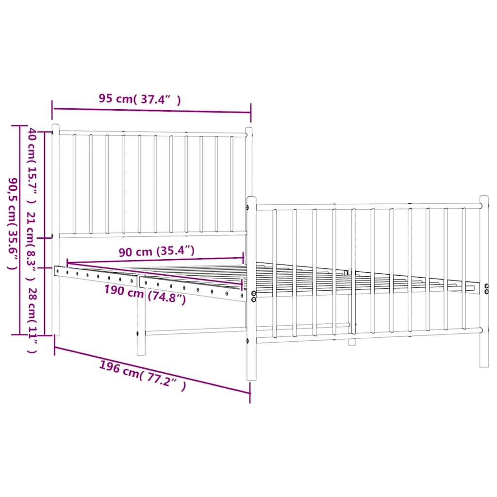 Metal Bed Frame without Mattress with Footboard White 90x190cm