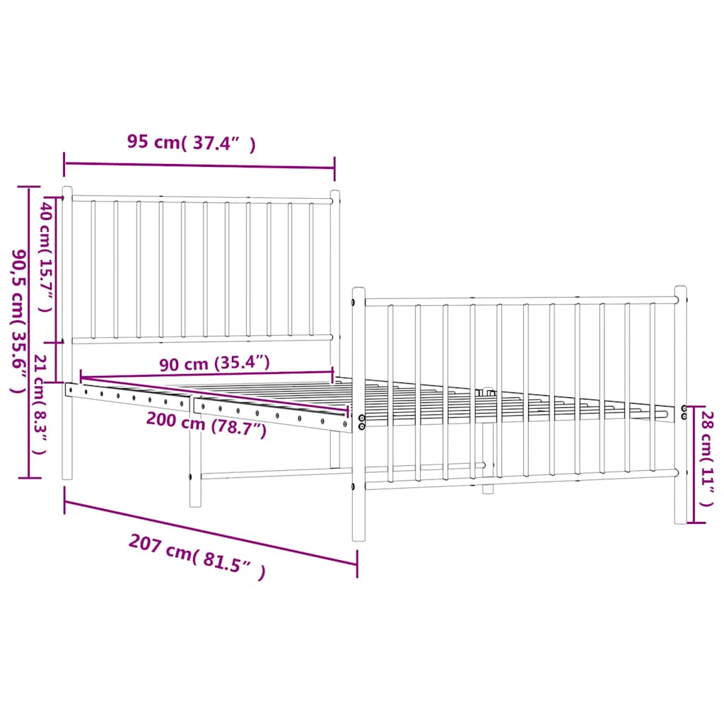 Metal Bed Frame without Mattress with Footboard White 90x200cm