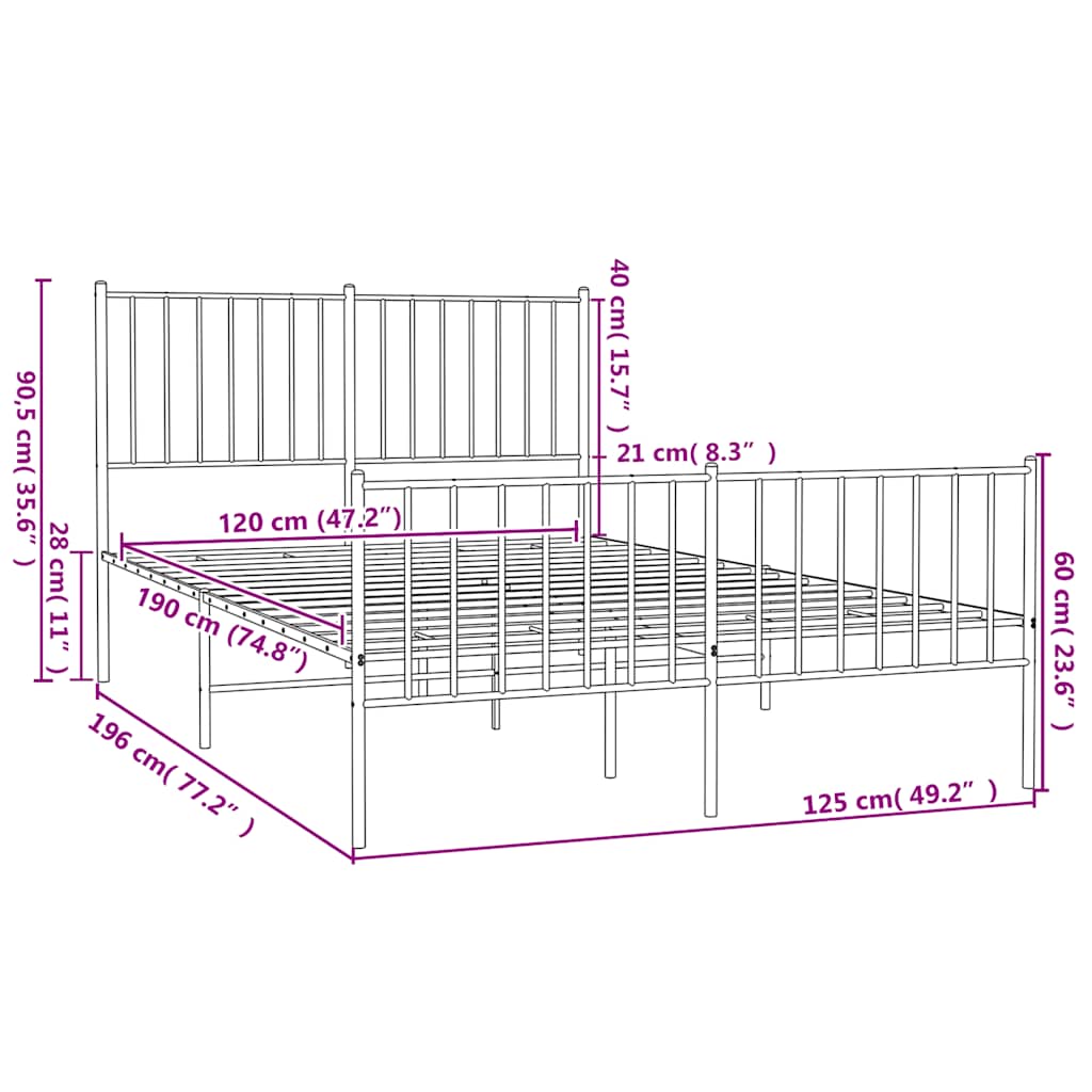 Metal Bed Frame without Mattress with Footboard White 120x190cm