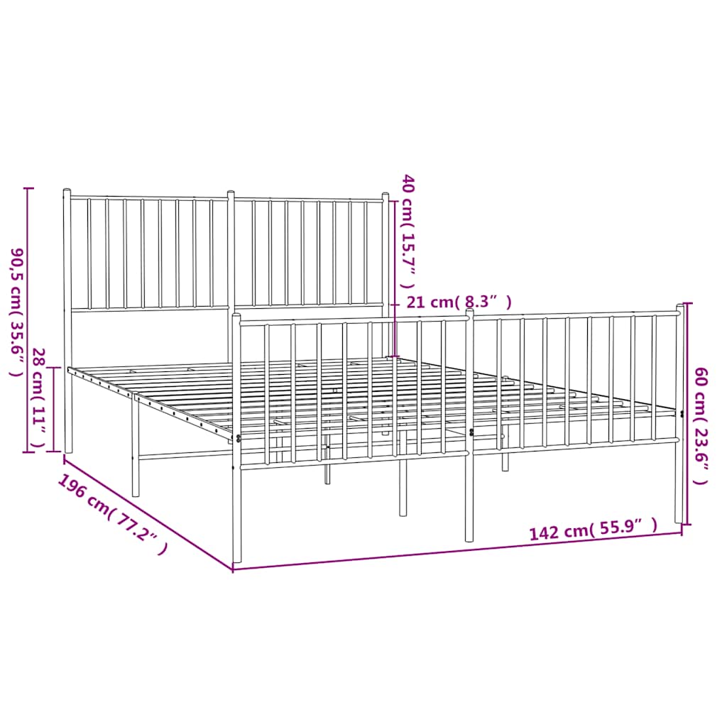Metal Bed Frame without Mattress with Footboard White 135x190cm