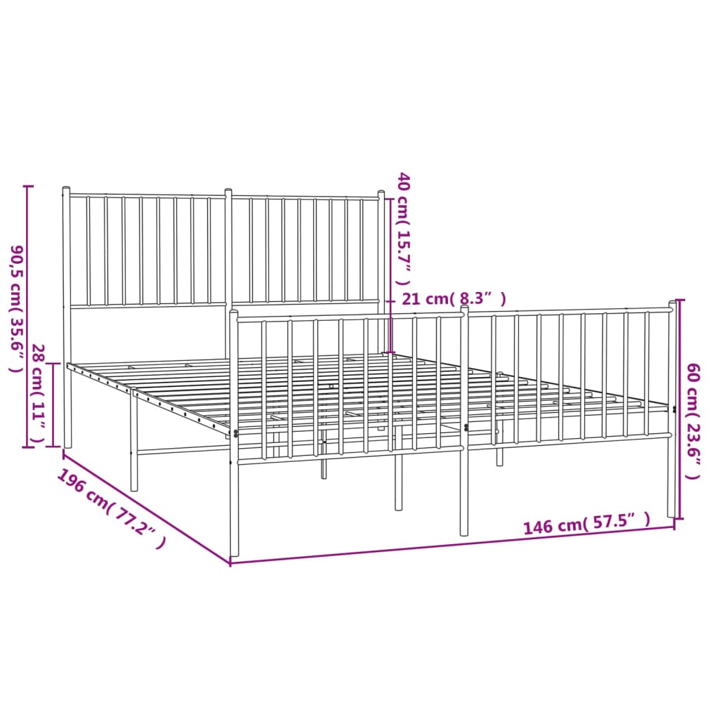 Metal Bed Frame without Mattress with Footboard White 140x190cm