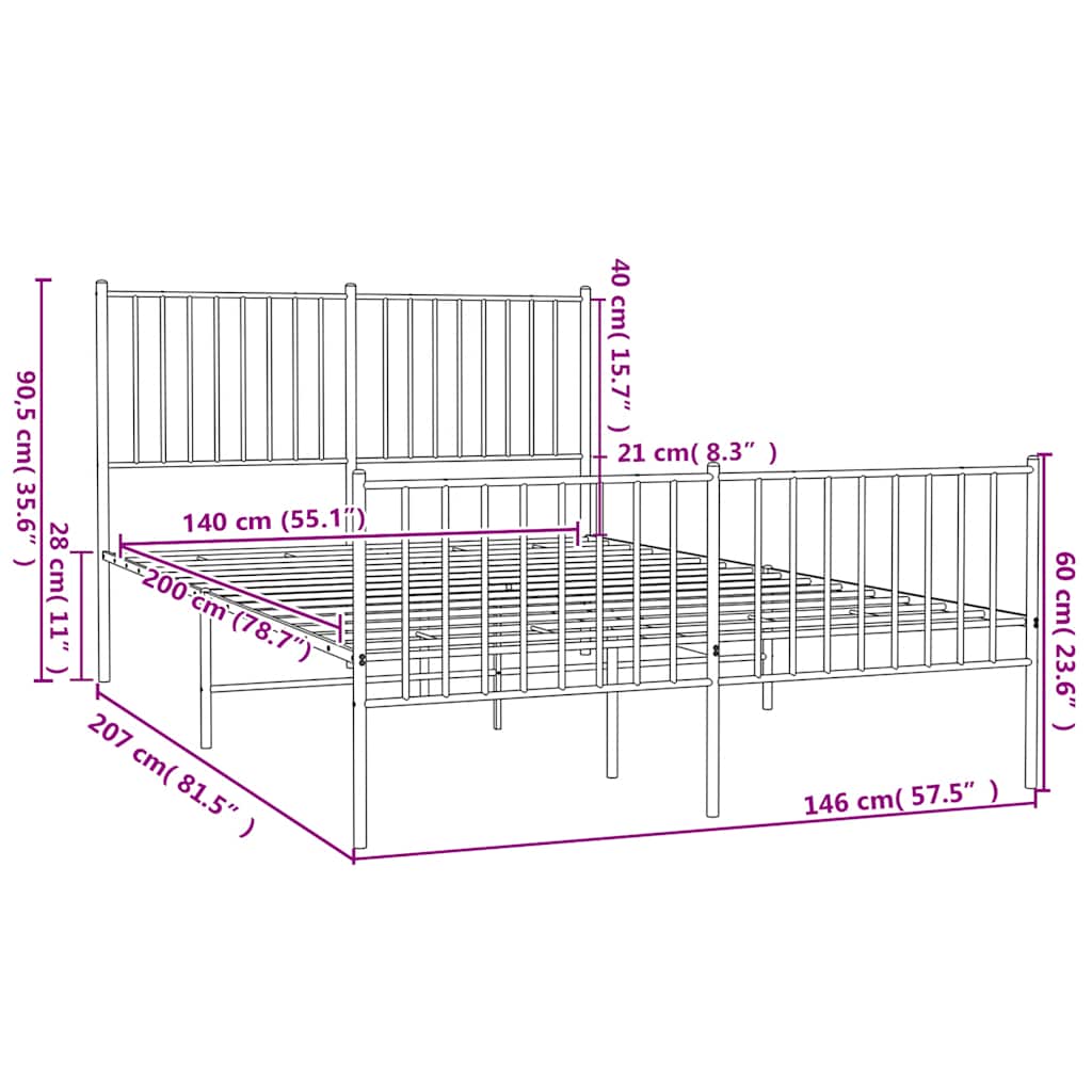 Metal Bed Frame without Mattress with Footboard White 140x200cm