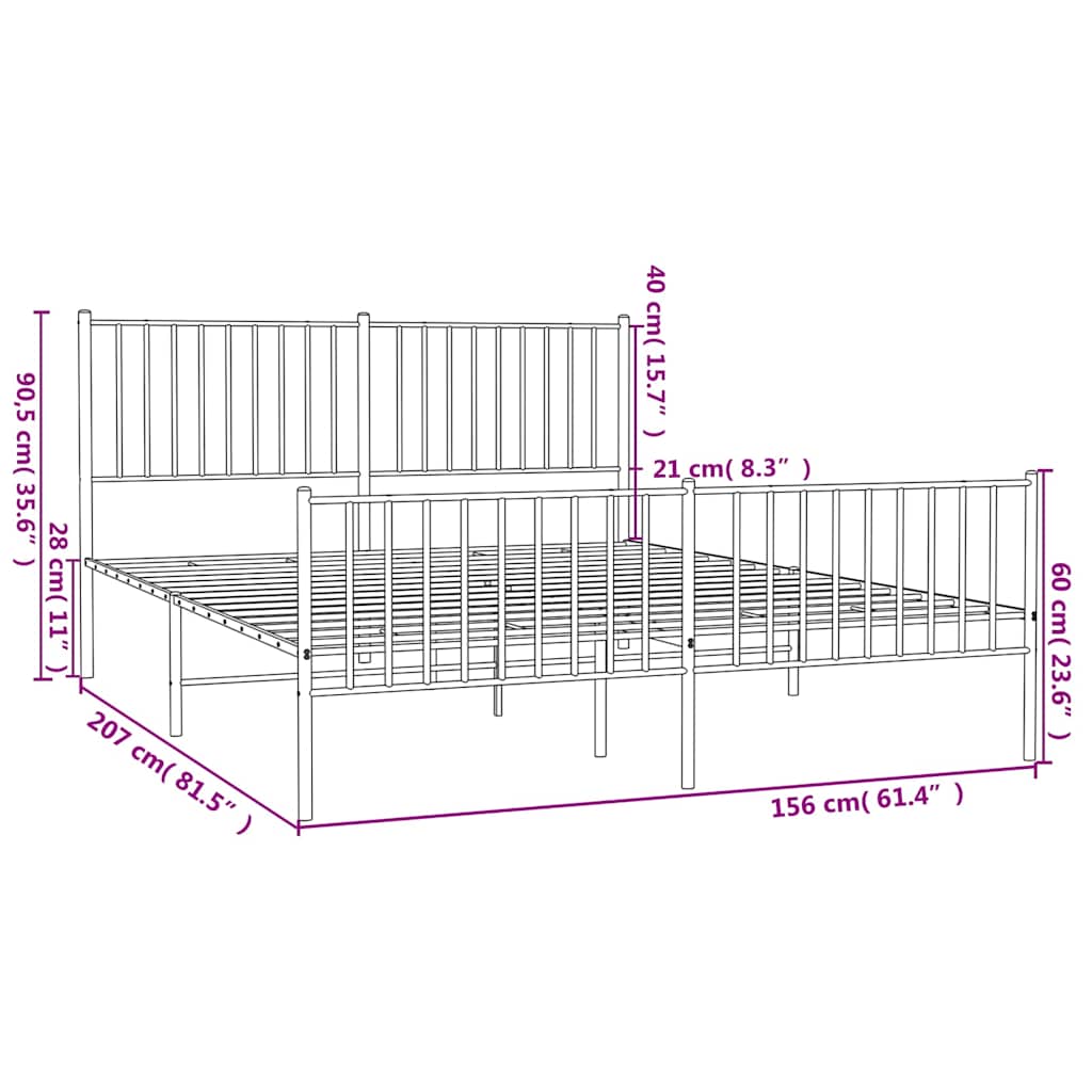 Metal Bed Frame without Mattress with Footboard White 150x200cm