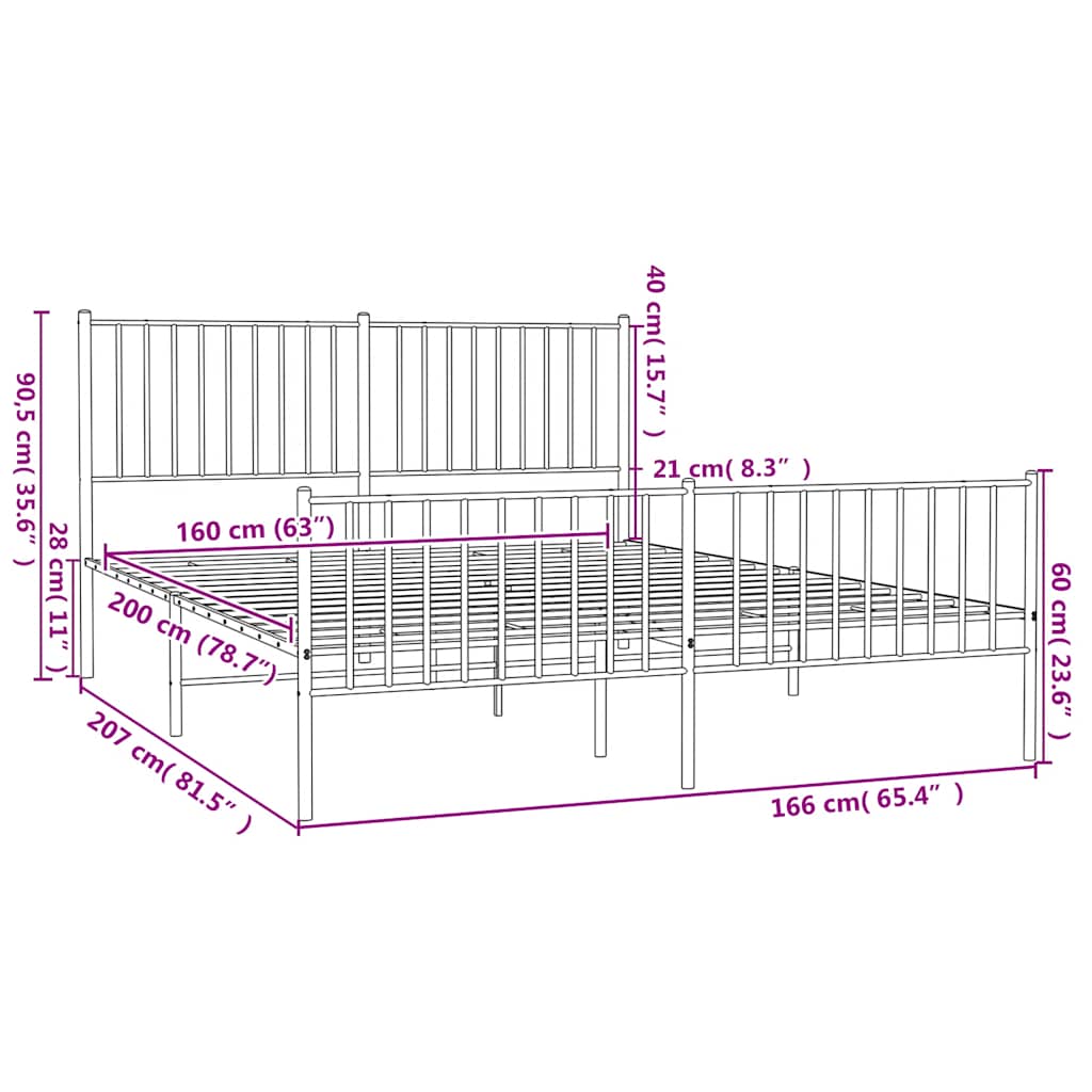 Metal Bed Frame without Mattress with Footboard White 160x200cm