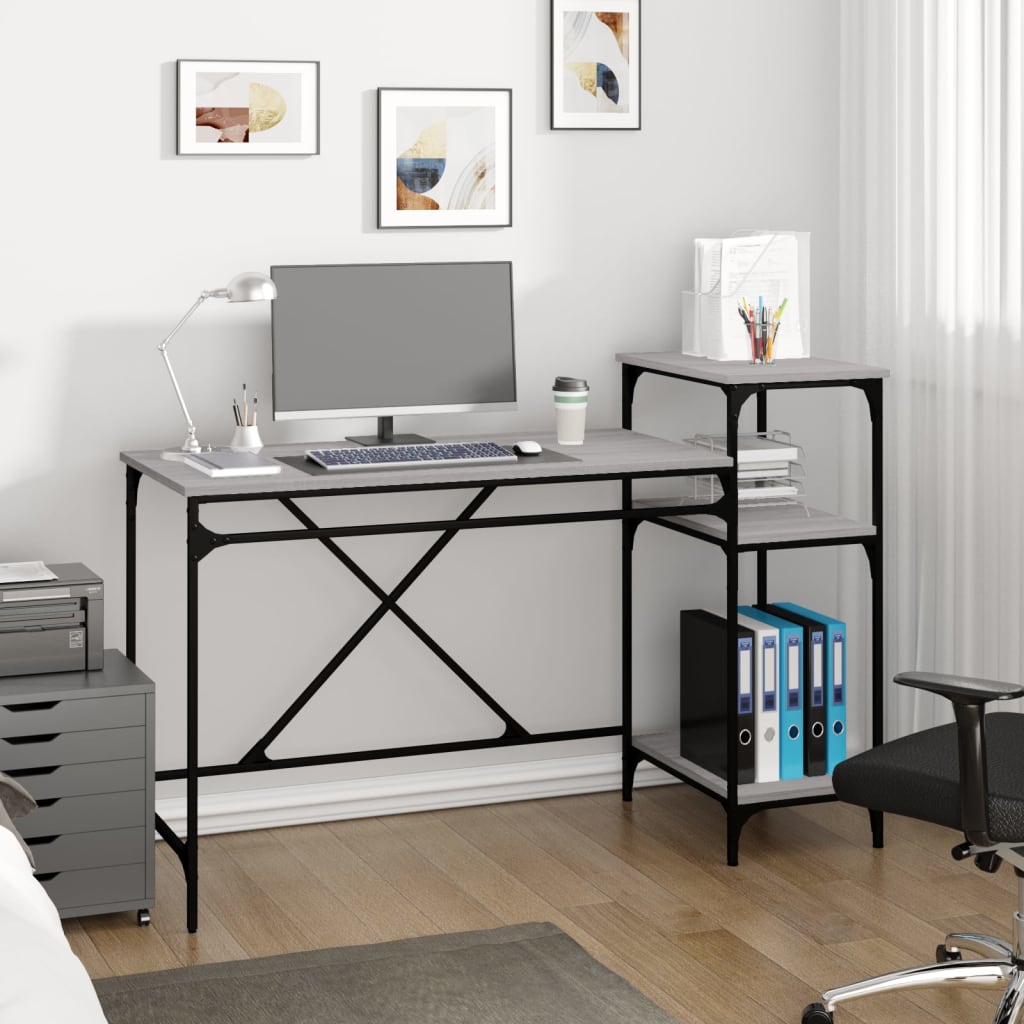 Desk with Shelves Grey Sonoma 135x50x90 cm Engineered Wood&Iron