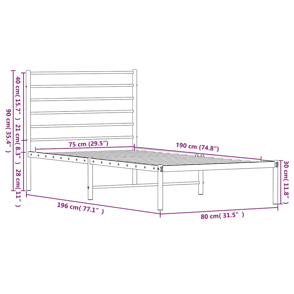 Metal Bed Frame without Mattress with Headboard Black 75x190cm