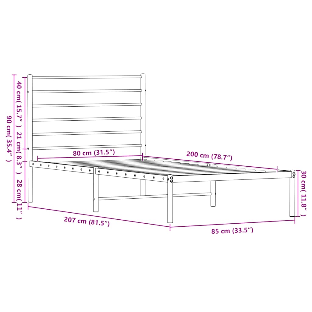 Metal Bed Frame without Mattress with Headboard Black 80x200cm