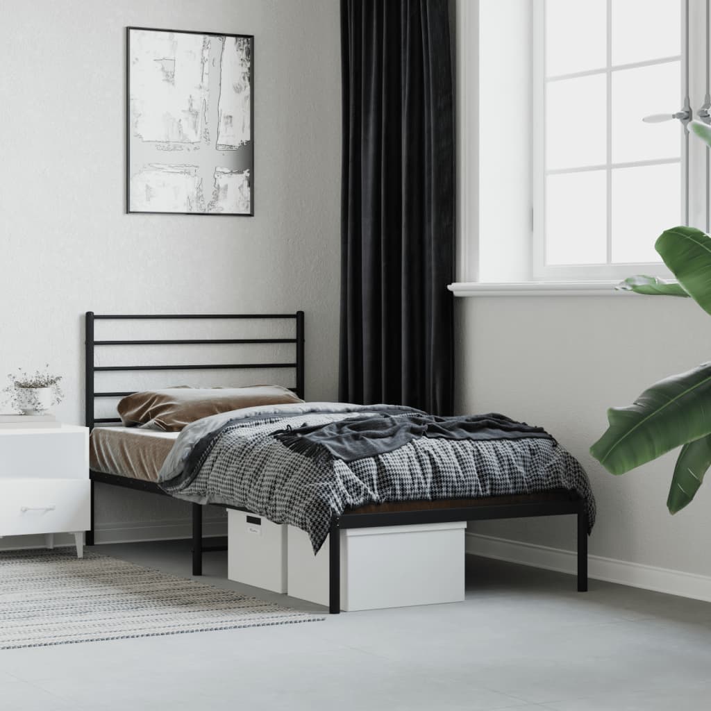 Metal Bed Frame without Mattress with Headboard Black 107x203cm
