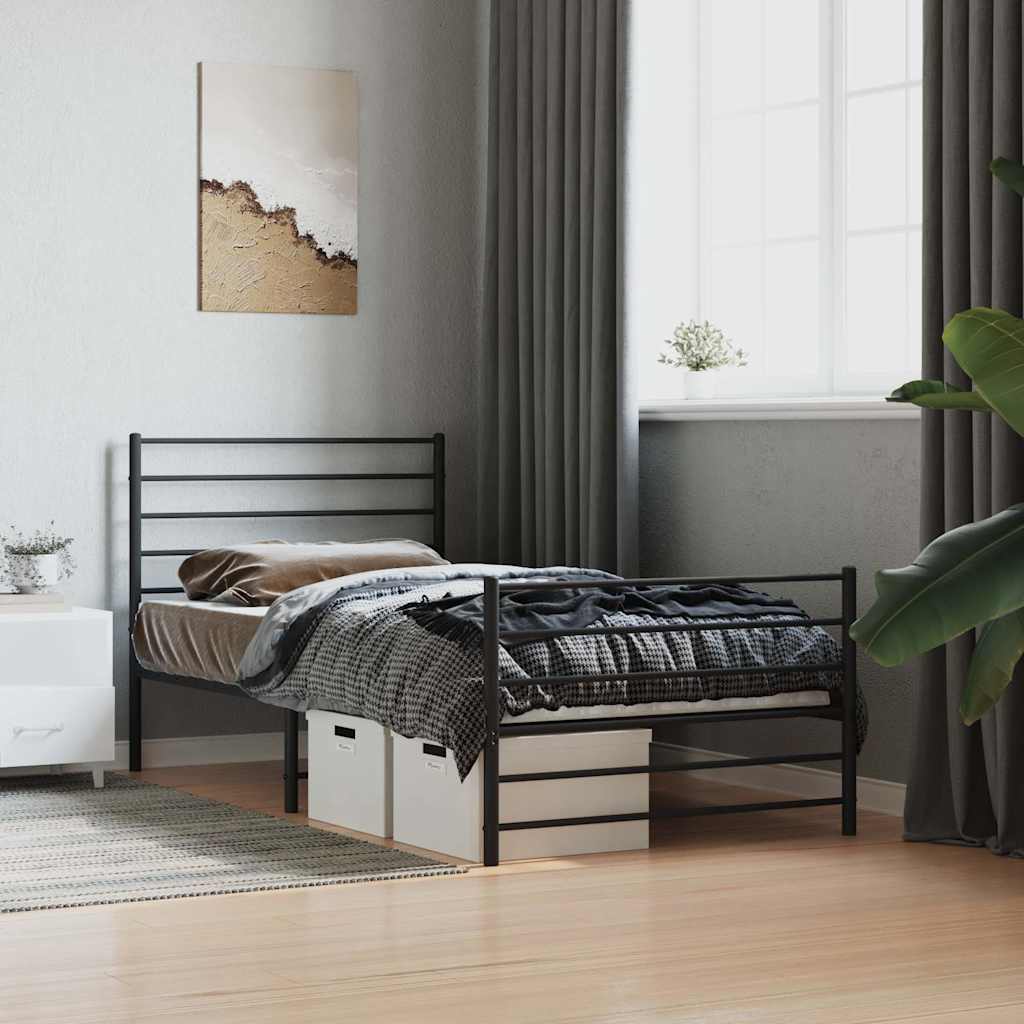 Metal Bed Frame without Mattress with Footboard Black 75x190cm
