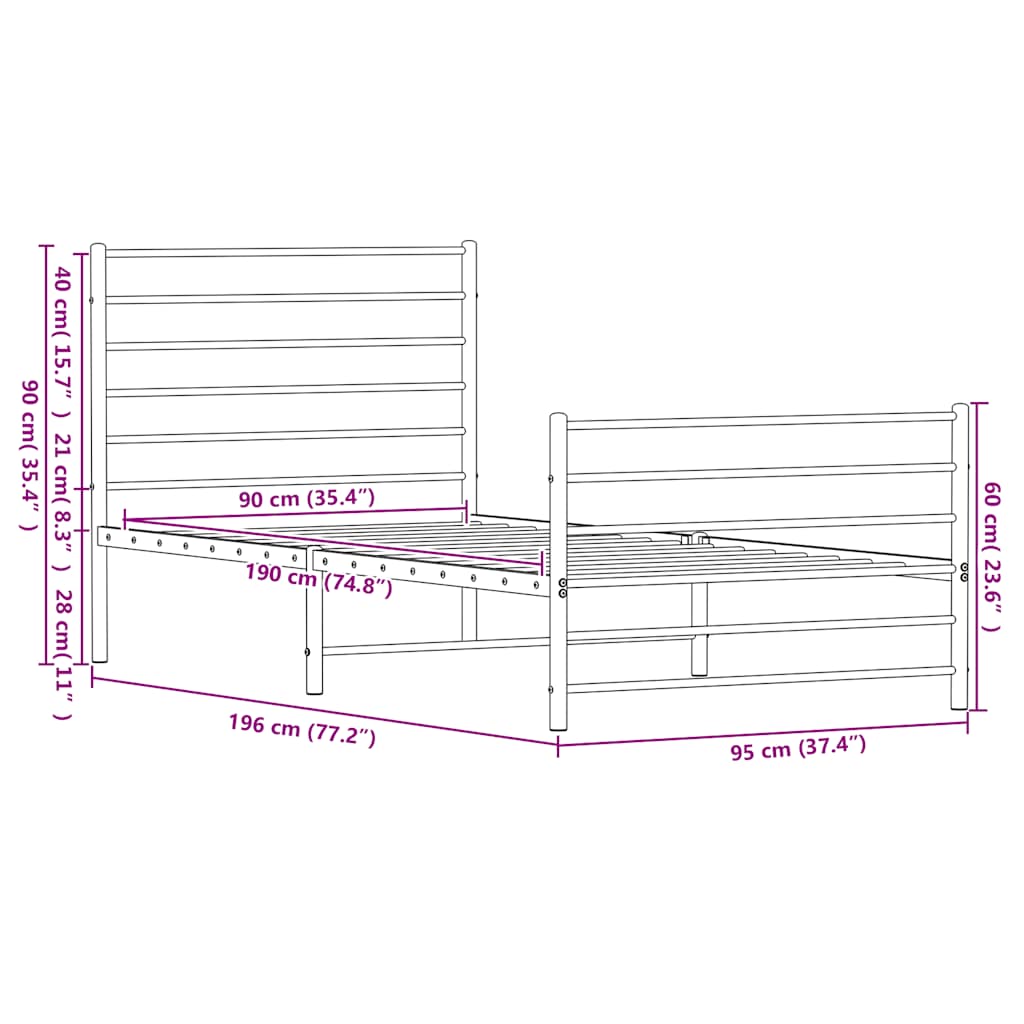 Metal Bed Frame without Mattress with Footboard Black 90x190cm