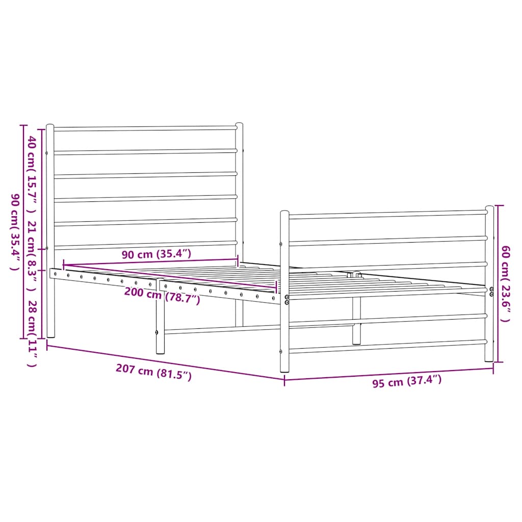 Metal Bed Frame without Mattress with Footboard Black 90x200cm