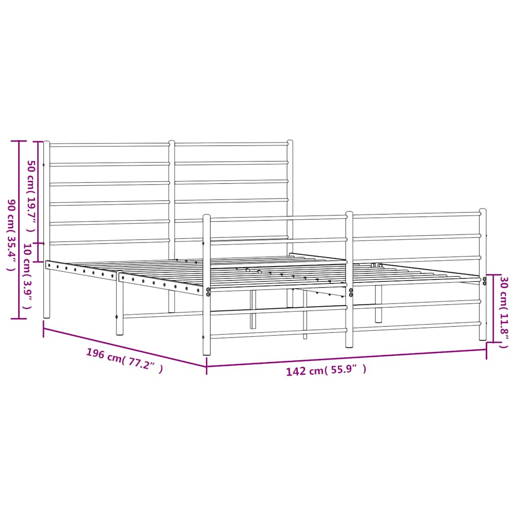 Metal Bed Frame without Mattress with Footboard Black 135x190cm