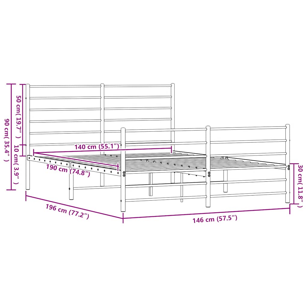 Metal Bed Frame without Mattress with Footboard Black 140x190cm