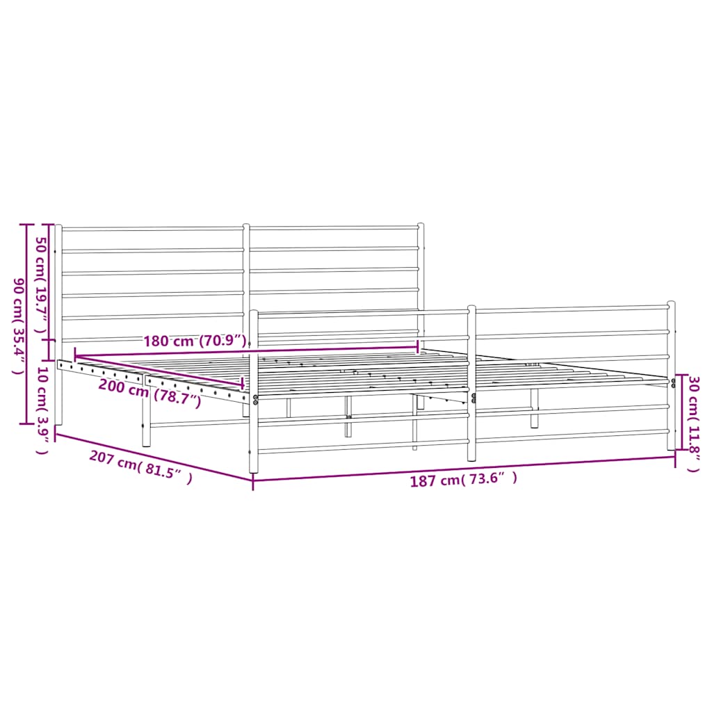 Metal Bed Frame without Mattress with Footboard Black 180x200cm