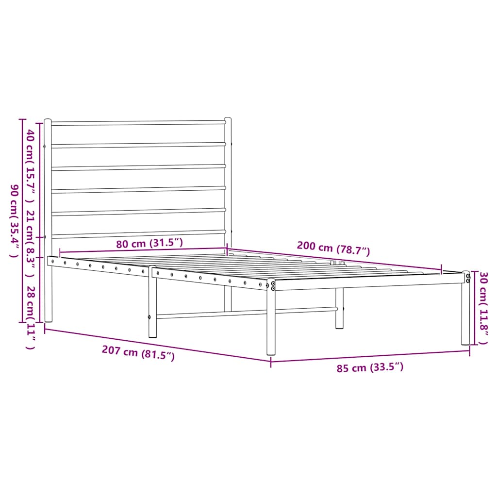 Metal Bed Frame without Mattress with Headboard White 80x200cm