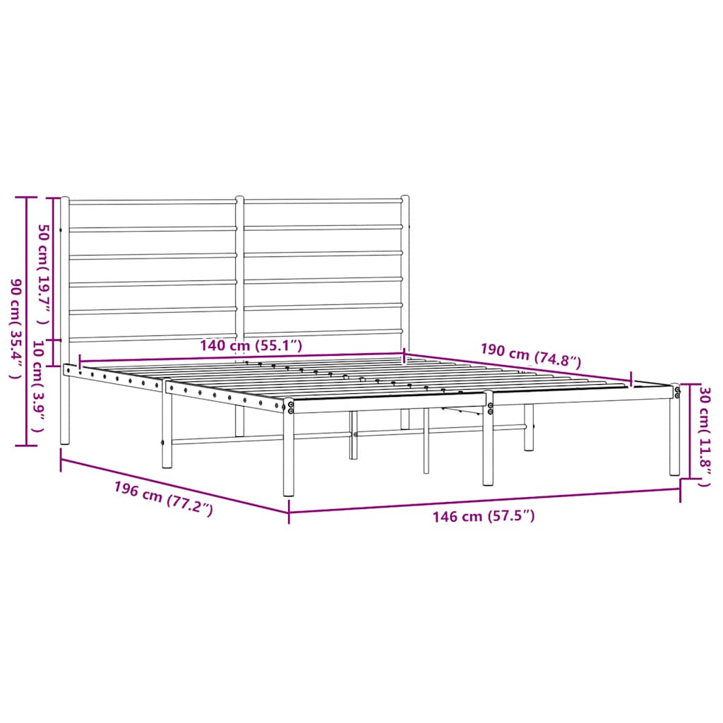 Metal Bed Frame without Mattress with Headboard White 140x190cm