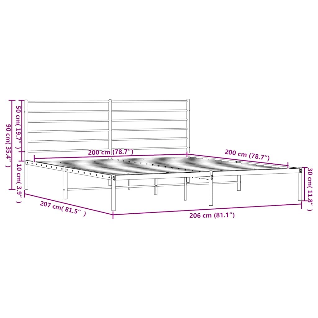 Metal Bed Frame without Mattress with Headboard White 200x200cm