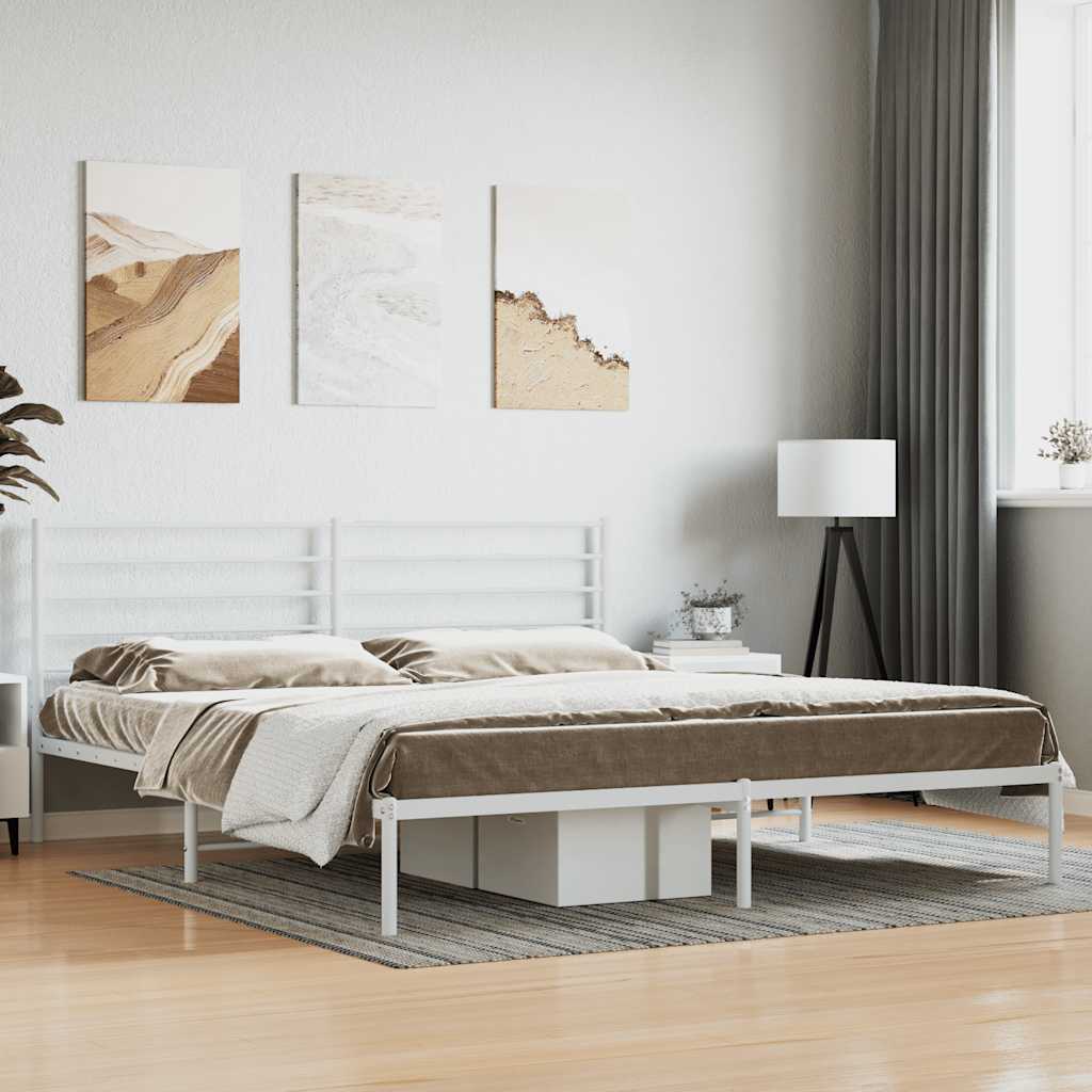 Metal Bed Frame without Mattress with Headboard White 200x200cm