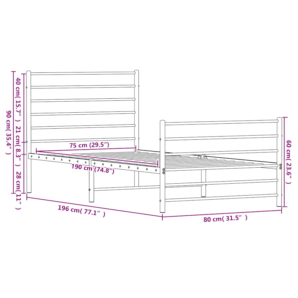 Metal Bed Frame without Mattress with Footboard White 75x190cm