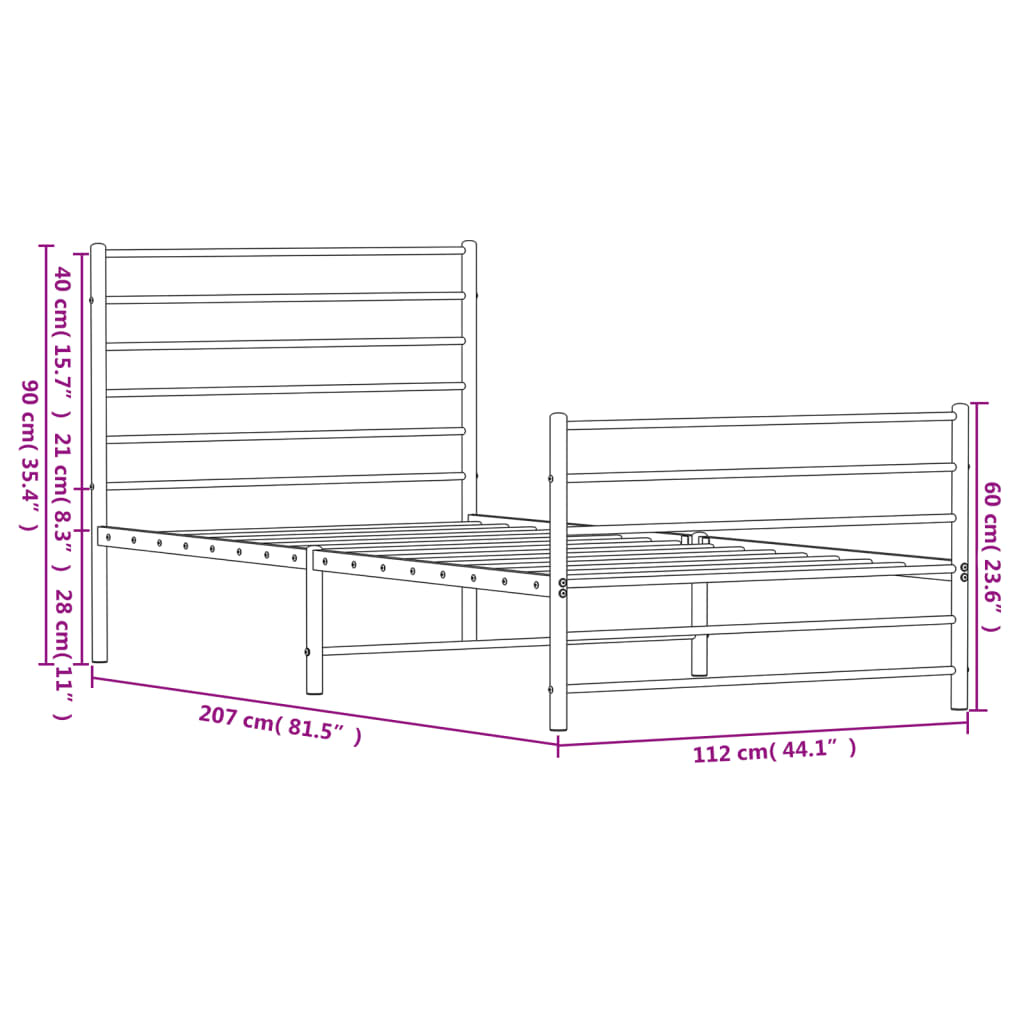 Metal Bed Frame without Mattress with Footboard White 107x203cm