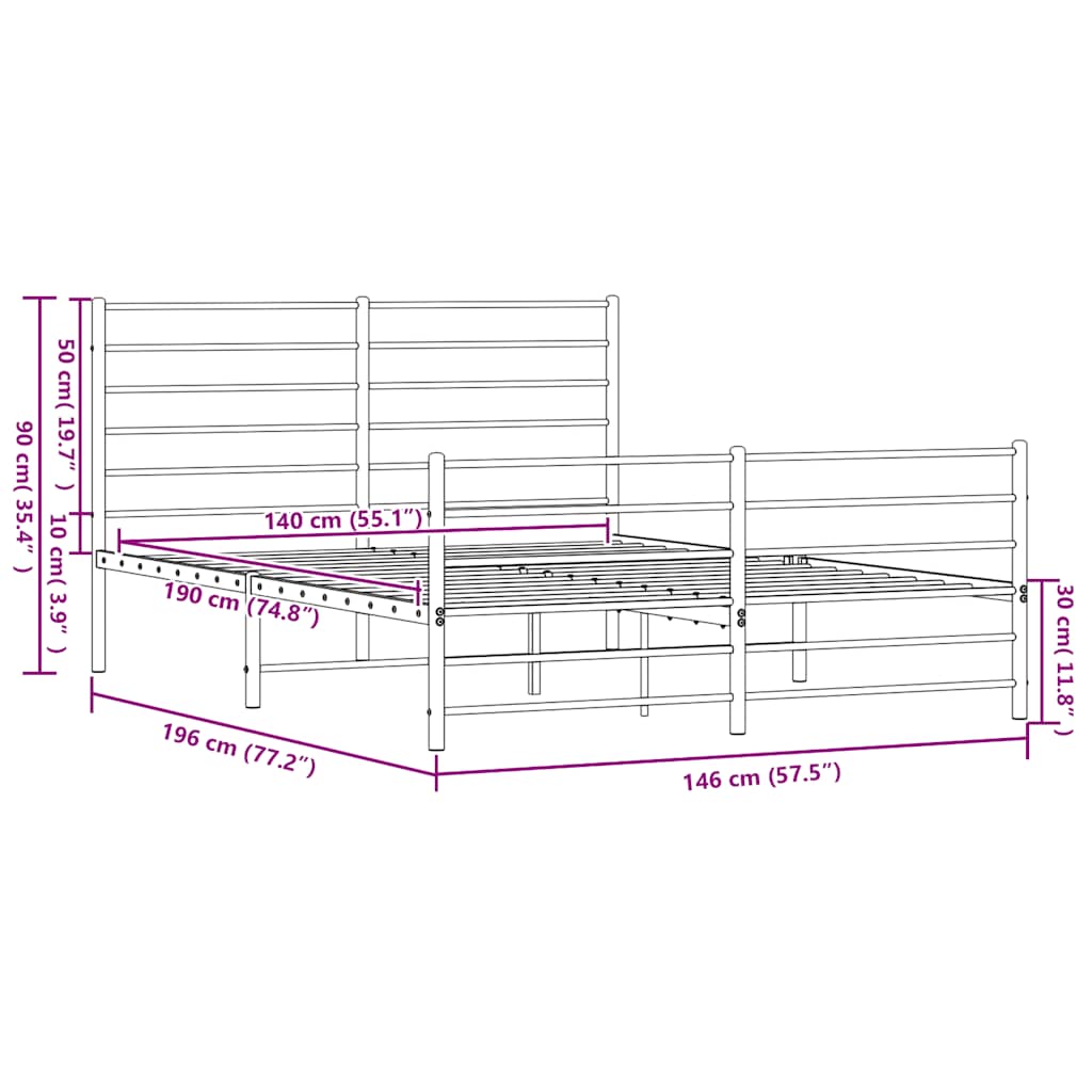 Metal Bed Frame without Mattress with Footboard White 140x190cm