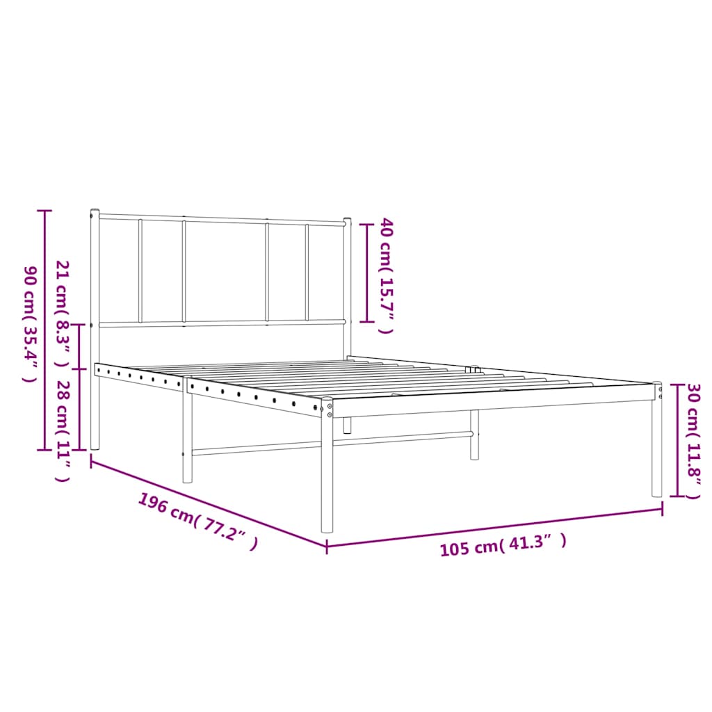 Metal Bed Frame without Mattress with Headboard Black 100x190cm