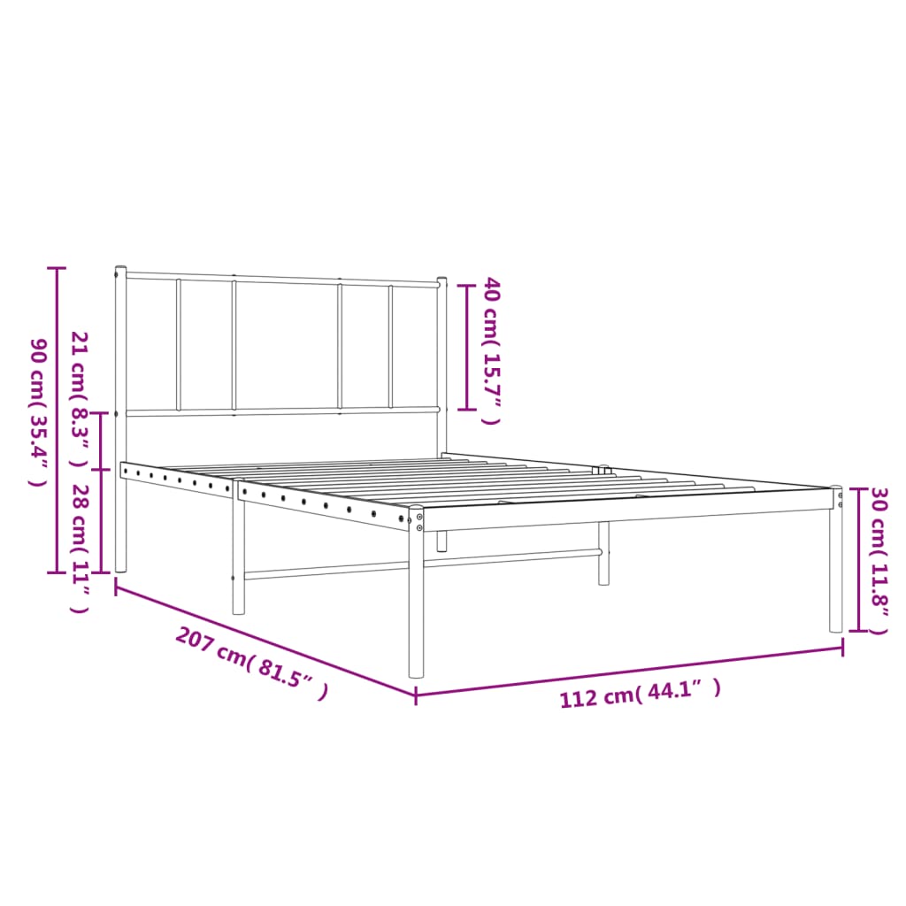 Metal Bed Frame without Mattress with Headboard Black 107x203cm