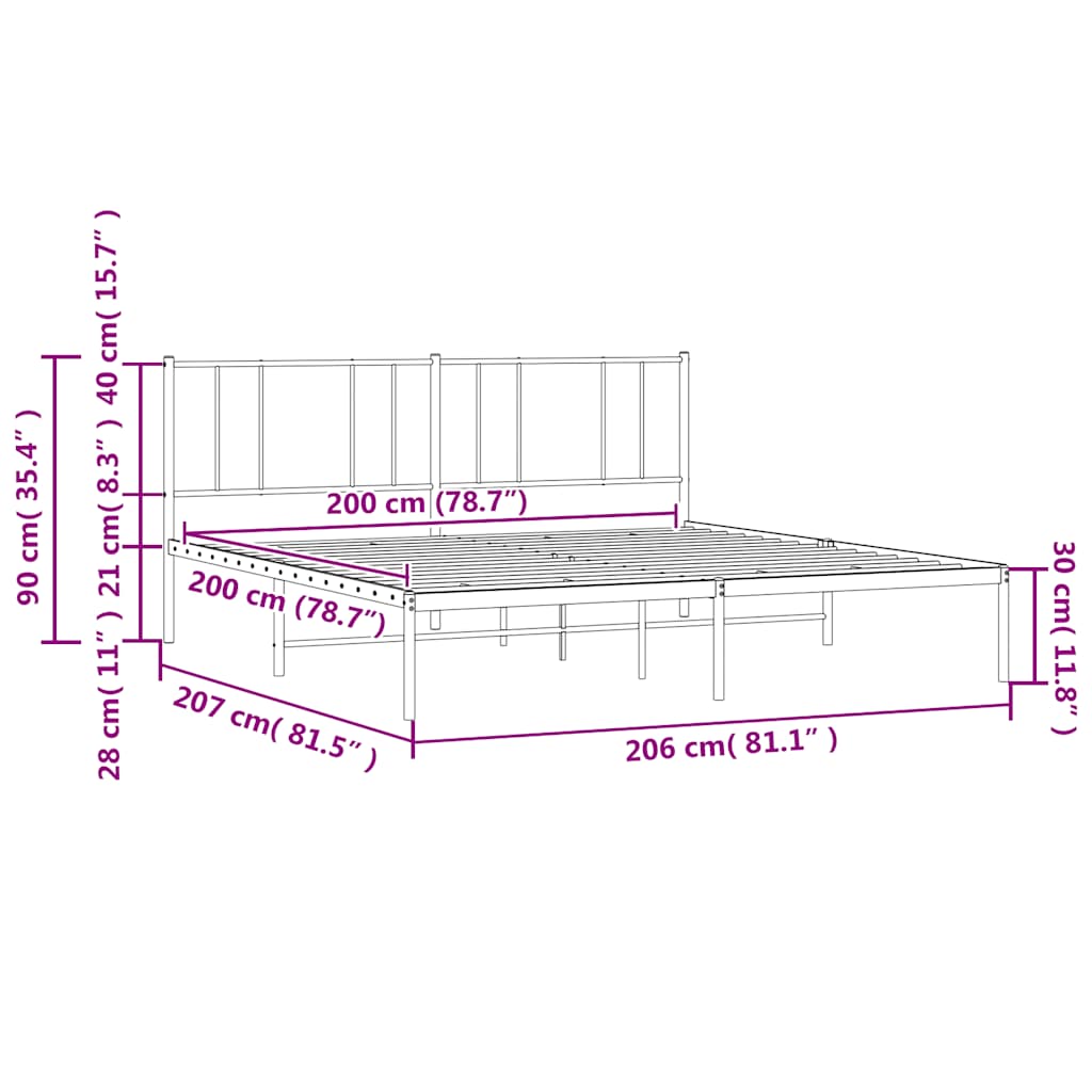 Metal Bed Frame without Mattress with Headboard Black 200x200cm