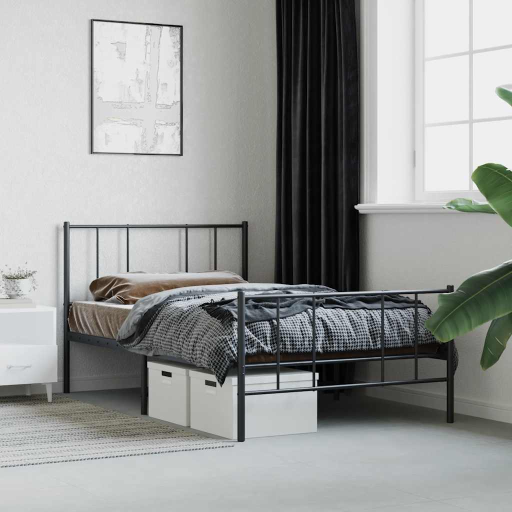 Metal Bed Frame without Mattress with Footboard Black 75x190cm